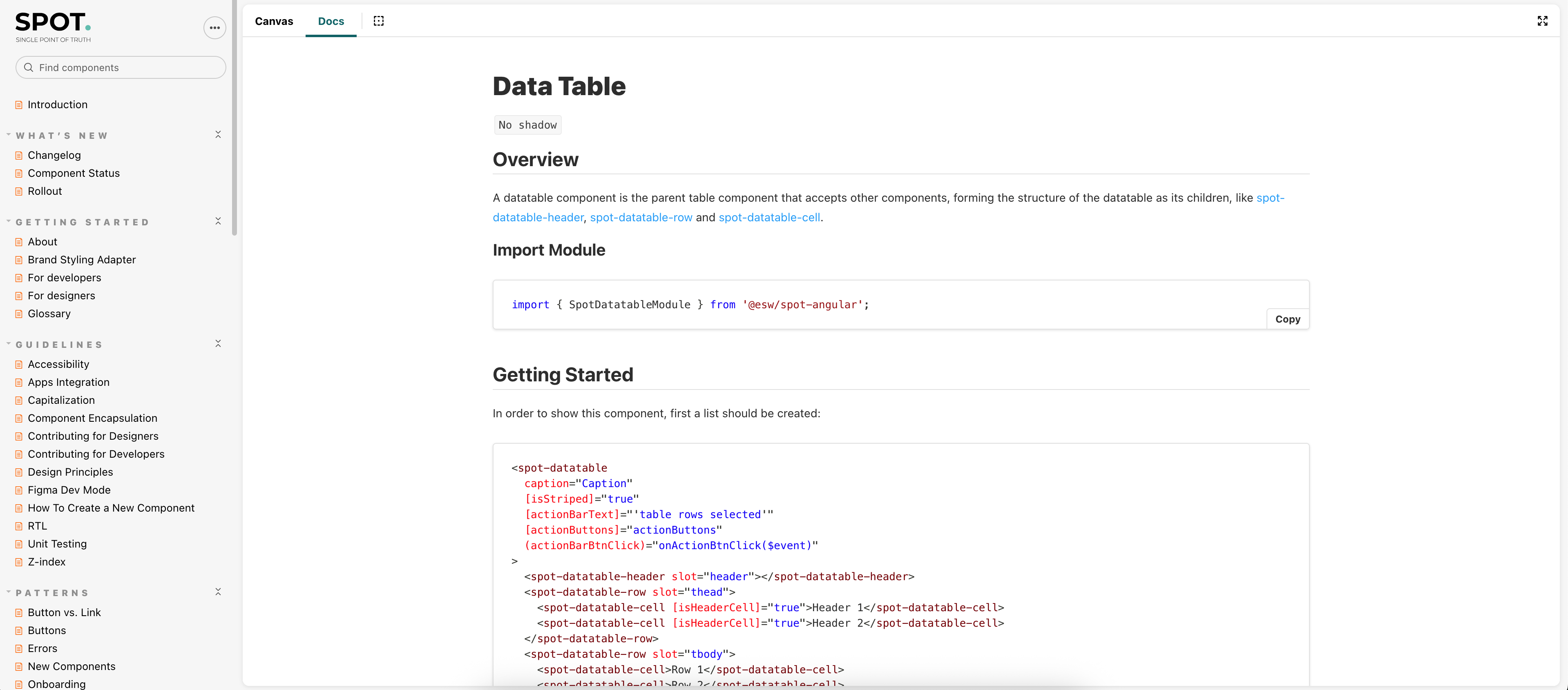 Example of Storybook documentation provided for developers.
